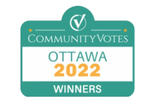 Logo for mobile kitchen community votes Ottawa 2022 winners featuring a checkmark and stars on a turquoise background.