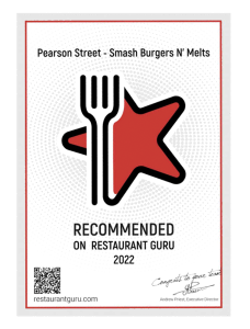 Logo of "Pearson Street - Smash Burgers n’ Melts" with a fork and star design, labeled as "Recommended on Restaurant Guru 2022." Includes a QR code and signature of