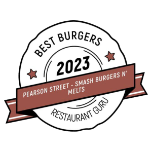 Logo of "best burgers 2023" award by mobile kitchen guru for Pearson Street - Smash Burgers n' Melts, featuring stars and a maroon banner.