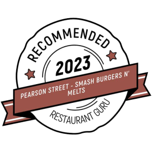 Logo of "recommended 2023" featuring a circular badge with two stars, a banner reading "pearson street - smash burgers n' melts", and the title "mobile kitchen guru".