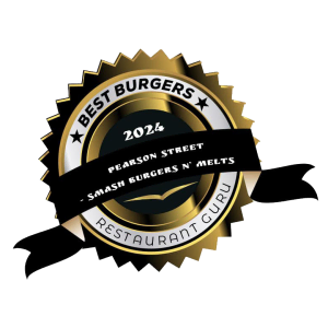 Gold and black award seal for "best burgers 2024" from Mobile Kitchen guru, named to Pearson Street Smash Burgers N' Melts.