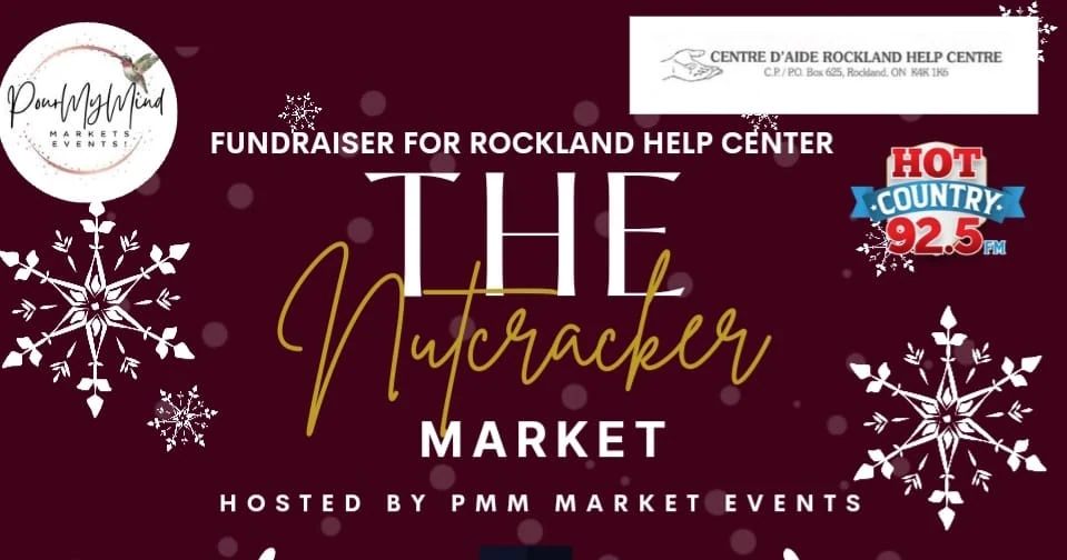 Promotional banner for "The Nutcracker Market" fundraising event for Rockland Help Center, featuring snowflake decorations and event sponsors' logos.