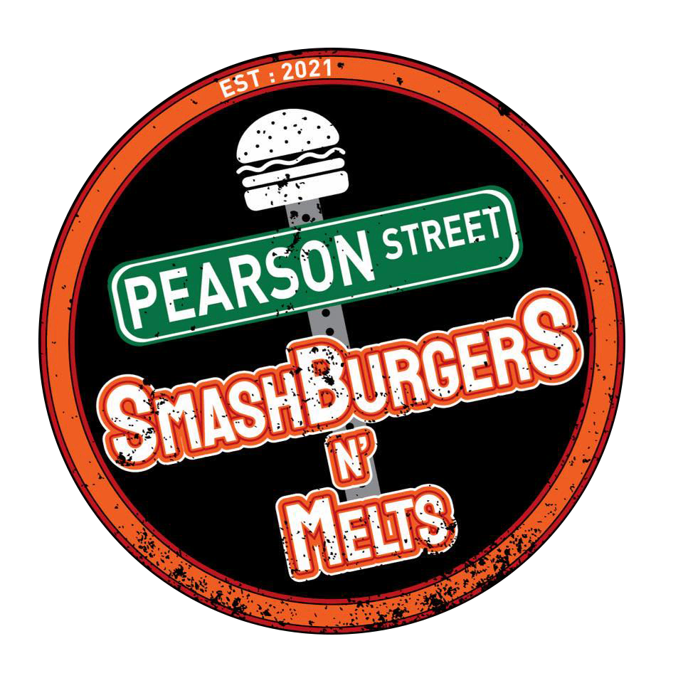 Logo for "pearson street smashburgers n' melts" featuring a burger image within a prohibition-style circle, titled with the establishment's name and "est. 2021".