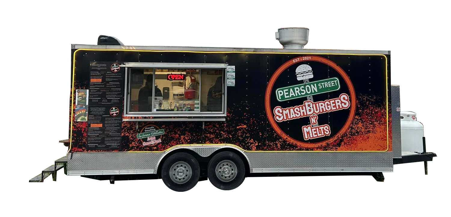 A black mobile kitchen with "pearson street smashburgers & melts" signage, parked on grass with an "open" sign and visible menu.
