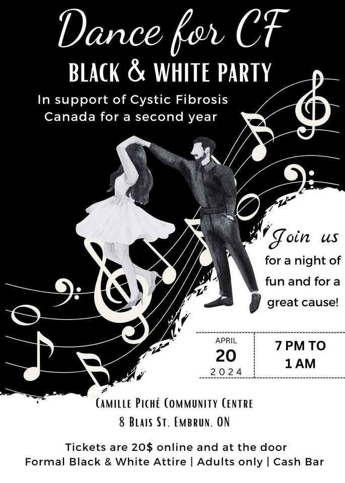 Poster for "dance for cf black & white party" Events featuring an illustrated couple dancing, musical notes, event details, a formal dress code, and a mobile kitchen station